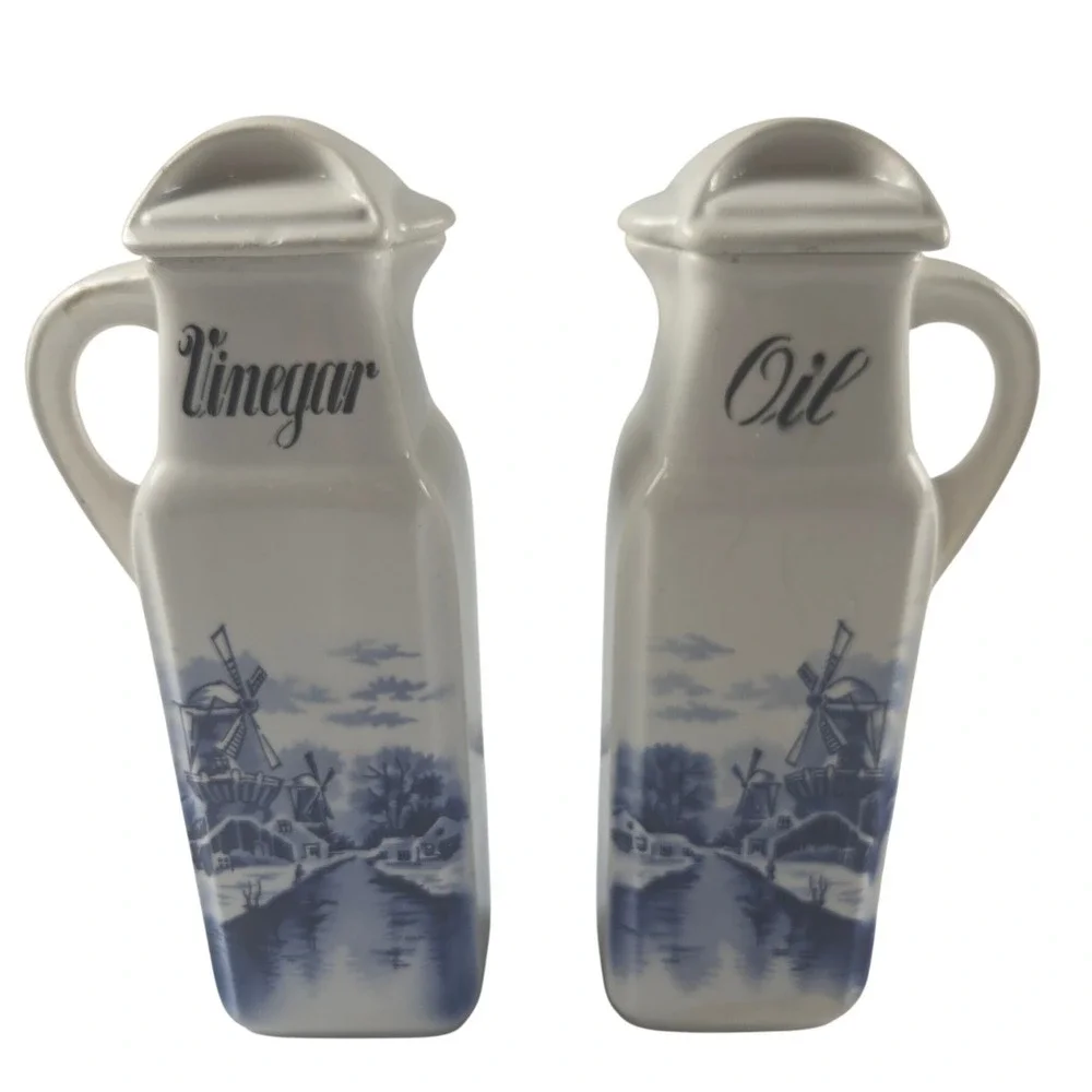 Vintage Delft Blue Holland Oil Vinegar Cruet Set Windmill Ceramic Pitchers